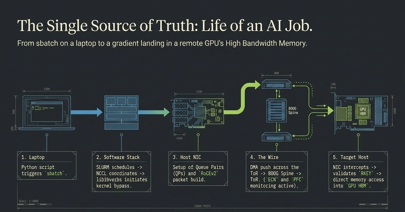 Five-panel flow diagram titled "The Single Source of Truth: Life of an AI Job." From sbatch on a laptop to a gradient landing in a remote GPU's High Bandwidth Memory. Panel 1 Laptop: Python script triggers sbatch. Panel 2 Software Stack: SLURM schedules and NCCL constituents are loaded, kernel bypass active. Panel 3 Host NIC: setup of Queue Pairs (QPs) and tools, registration of host memory active. Panel 4 The Wire: NIC pushes across the ToR plus URL, retransmission active. Panel 5 Target Host: NIC interrupts and validates the post and copies into GPU HBM.