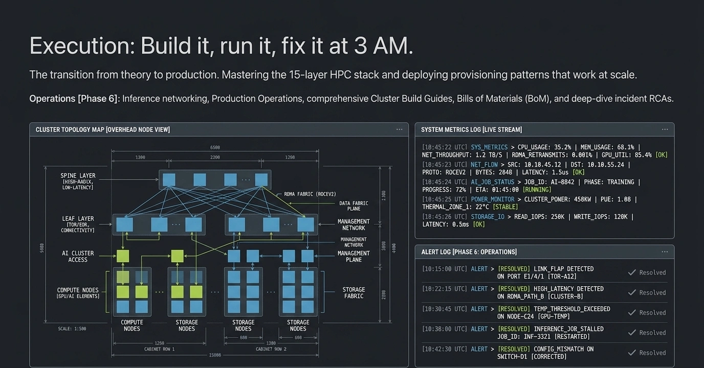 Chapter hero titled "Execution: Build it, run it, fix it at 3 AM." Cluster topology on the left showing a multi-leaf, multi-spine AI fabric with compute, network, and storage rendered in a blue and green palette. On the right, a system metrics log feed panel scrolling through real production events. Subtitle: the transition from theory to production. Mastering the 15-layer HPC stack and the production provisioning patterns that work at scale. Operations [Phase 6]: inference networking, production operations, comprehensive cluster build guides, bills of materials, and deep-dive incident RCAs.