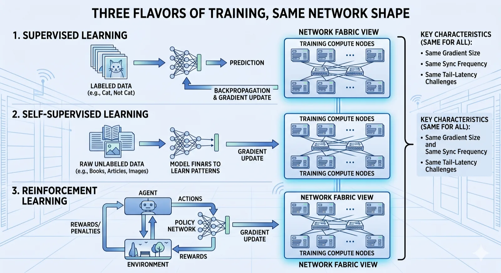 Three flavors of training, same network shape — supervised learning uses labeled data, self-supervised uses raw unlabeled data, reinforcement learning uses an agent/environment loop with rewards. All three produce the same gradient size, same sync frequency, and the same tail-latency challenges on the network fabric.