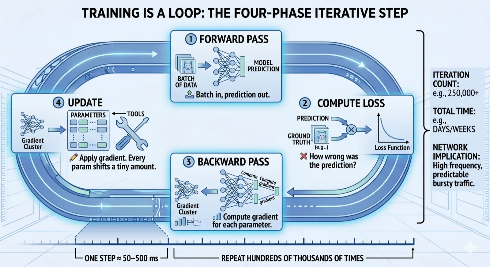Training loop showing four phases — Forward pass (batch in, prediction out), Compute loss (how wrong was the prediction), Backward pass (compute gradient for each parameter), Update (apply gradient, every parameter shifts a tiny amount). All four phases cycle back to phase 1. One step is roughly 50 to 500 milliseconds and repeats hundreds of thousands of times. Network implication: high frequency, predictable bursty traffic.