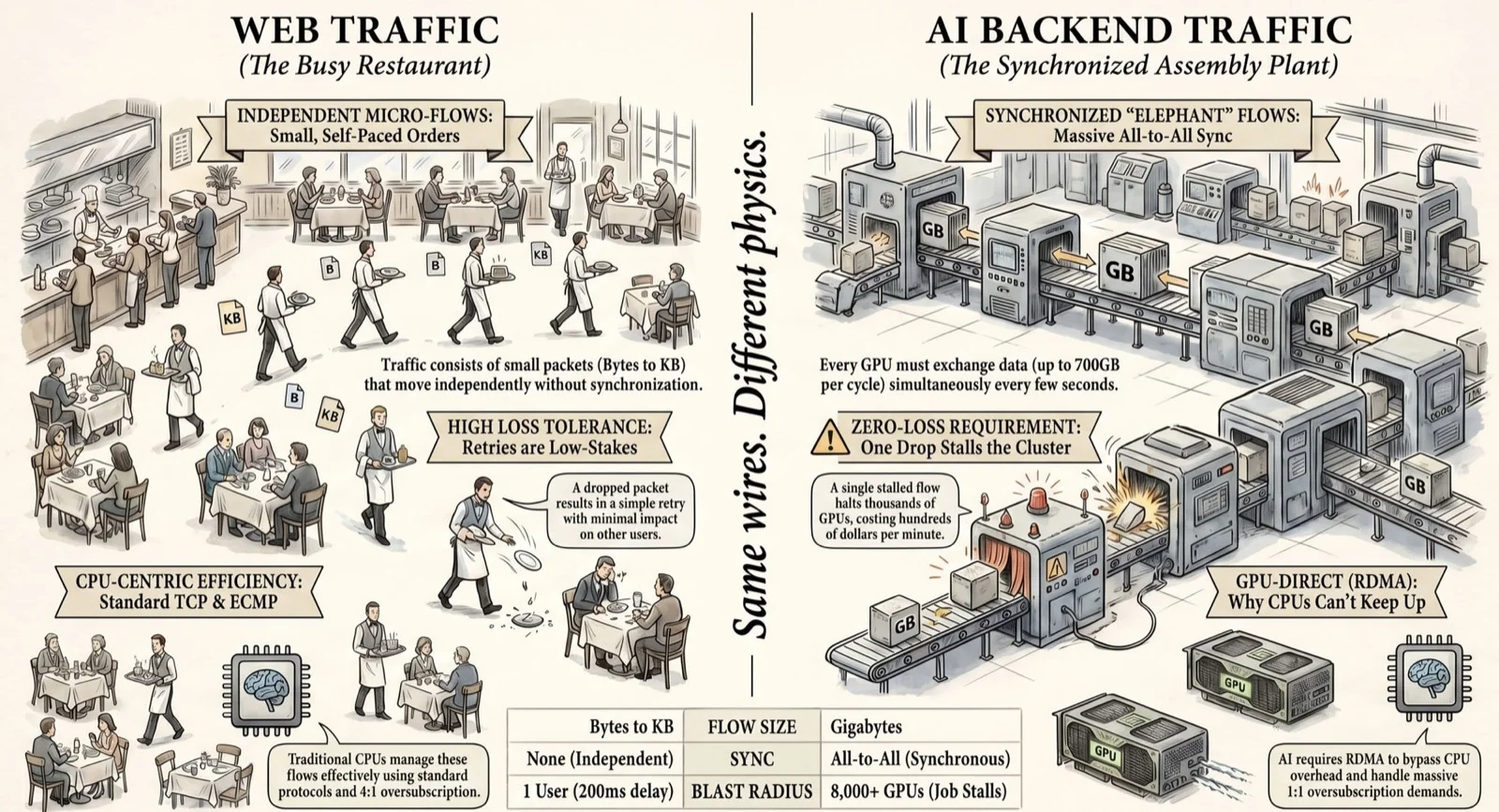 Web traffic vs AI backend traffic, split-panel illustration. Left panel — Web Traffic (The Busy Restaurant): independent micro-flows, small self-paced orders, traffic consists of small packets (bytes to KB) that move independently without synchronization, high loss tolerance with retries being low-stakes (a dropped packet results in a simple retry with minimal impact on other users), CPU-centric efficiency using standard TCP and ECMP, traditionally CPUs manage these flows with 4:1 oversubscription. Mini-table at bottom: flow size bytes to KB, no sync (independent), blast radius one user with 200ms delay. Right panel — AI Backend Traffic (The Synchronized Assembly Plant): synchronized 'elephant' flows in massive all-to-all sync, every GPU must exchange data up to 700 GB per cycle simultaneously every few seconds, zero-loss requirement where one drop stalls the cluster (a single stalled flow halts thousands of GPUs costing hundreds of dollars per minute), GPU-Direct via RDMA because CPUs can't keep up, AI requires RDMA to bypass CPU overhead. Mini-table at bottom: flow size gigabytes, sync all-to-all synchronous, blast radius 8,000+ GPUs with job stalls. Center divider reads vertically: 'Same wires. Different physics.'