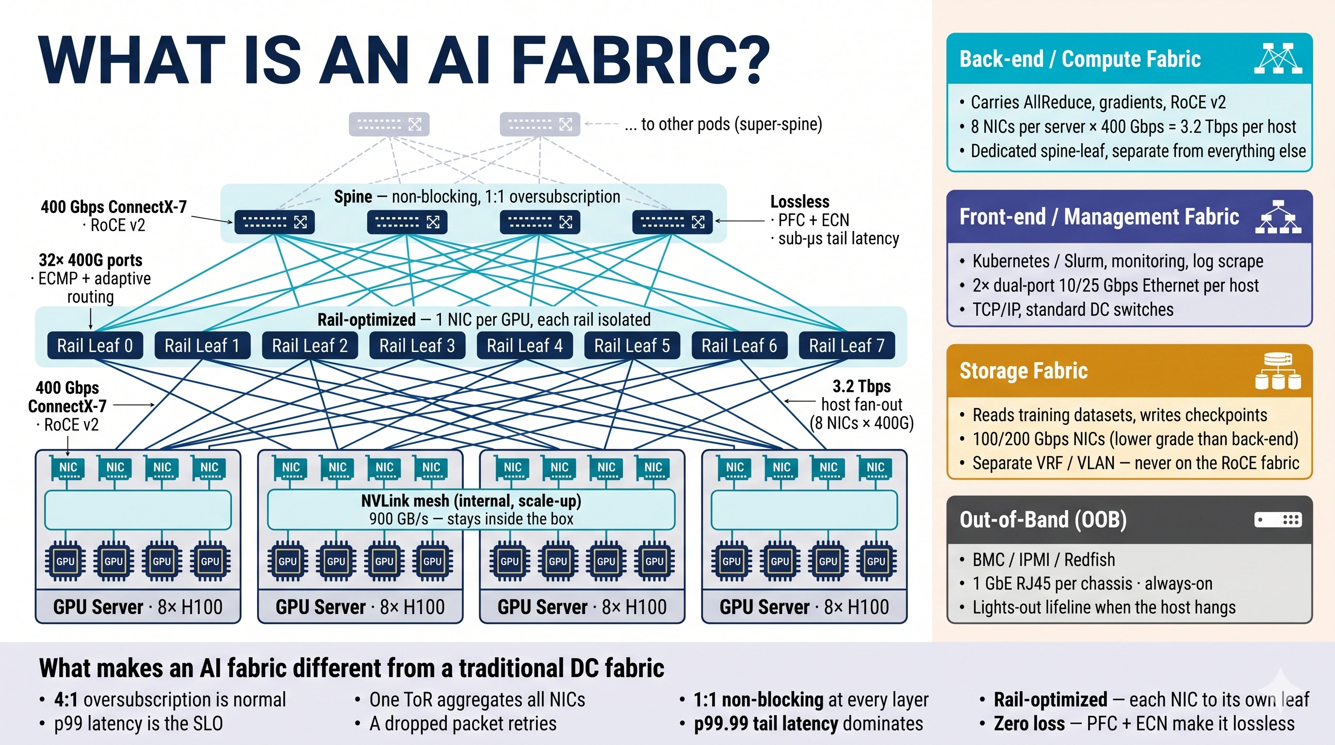 What is an AI fabric — comprehensive infographic. Left two-thirds: a pod of an AI training cluster showing 4 GPU servers each with 8 H100 GPUs and 8 ConnectX-7 NICs, an NVLink mesh inside each server at 900 GB/s (stays inside the box). Above the servers, 8 rail leaves arranged in a row, each carrying same-index NICs from every server (NIC 0 of all servers to Rail Leaf 0, etc — rail-optimized topology). Above the rail leaves, 4 spine switches connected in a non-blocking 1:1 Clos pattern, with a faded super-spine tier labeled "to other pods." Annotations call out 400 Gbps ConnectX-7 RoCE v2 NICs, 32×400G rail-leaf ports with ECMP plus adaptive routing, lossless PFC plus ECN with sub-microsecond tail latency, and 3.2 Tbps host fan-out (8 NICs at 400G each). Right third: four color-coded fabric domain cards — Back-end/Compute Fabric (cyan, carries AllReduce gradients on RoCE v2, 8 NICs × 400 Gbps = 3.2 Tbps per host, dedicated spine-leaf), Front-end/Management Fabric (indigo, Kubernetes/Slurm orchestration, monitoring, 2× dual-port 10/25 Gbps Ethernet, TCP/IP on standard DC switches), Storage Fabric (amber, dataset reads and checkpoint writes, 100/200 Gbps NICs, separate VRF or VLAN, never on the RoCE fabric), and Out-of-Band/OOB (grey, BMC/IPMI/Redfish, 1 GbE RJ45 always-on, the lights-out lifeline). Bottom band: "What makes an AI fabric different from a traditional DC fabric" — 4:1 oversubscription is normal becomes 1:1 non-blocking at every layer, p99 latency is the SLO becomes p99.99 tail latency dominates, one ToR aggregates all NICs becomes rail-optimized with each NIC on its own leaf, a dropped packet retries becomes zero loss via PFC + ECN.