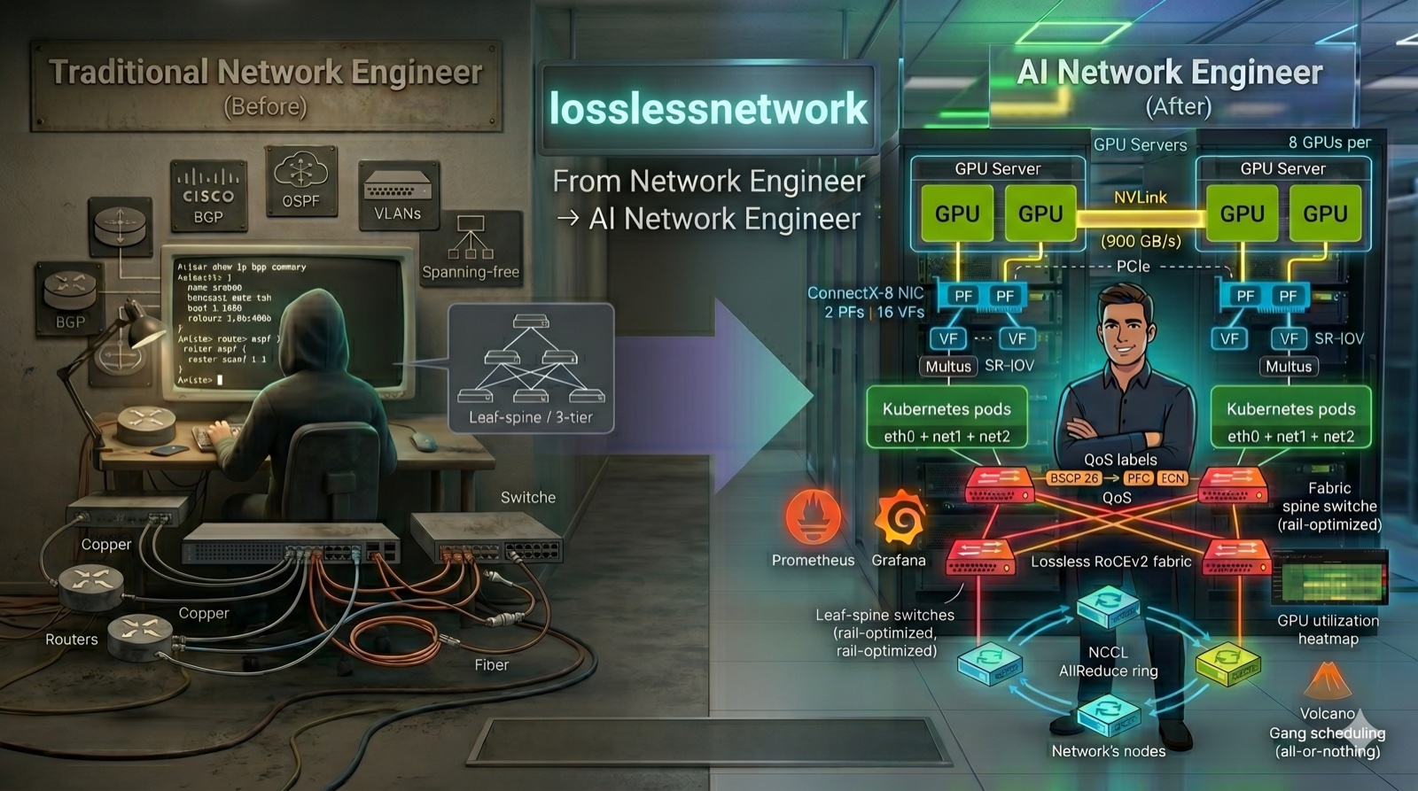 From Network Engineer to AI Network Engineer — left side shows a traditional network engineer surrounded by BGP, OSPF, leaf-spine, copper and fiber cables, switches and routers. Right side shows the same engineer surrounded by GPU servers, NVLink, ConnectX-8 NICs, SR-IOV virtual functions, Multus, Kubernetes pods, NCCL AllReduce ring, lossless RoCEv2 fabric, Prometheus, Grafana, and Volcano scheduler.